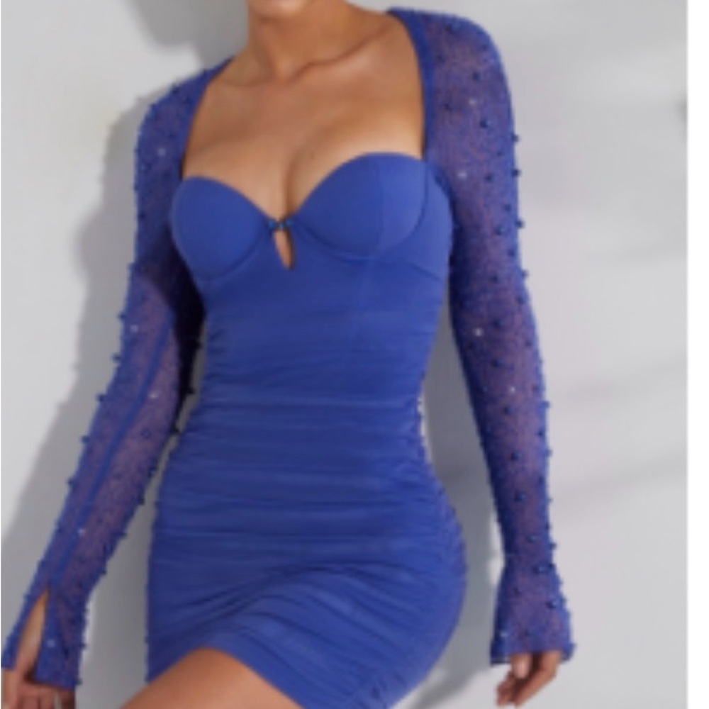Elegant Navy Blue Lace Sleeve Dress